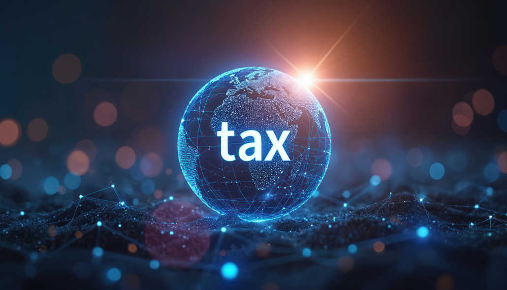 Glowing blue globe with the word 'tax' in bold, surrounded by digital network lines and bokeh lights.