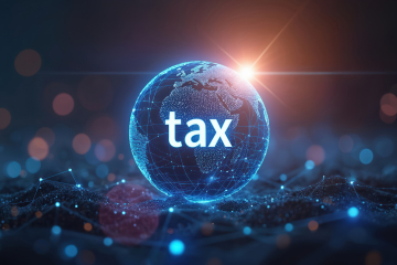 Glowing blue globe with the word 'tax' in bold, surrounded by digital network lines and bokeh lights.